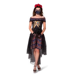 Tag der Toten Skelett Kostüm Skelettkostüm Voodoo Halloween Damen Kleid Karneval 40/42