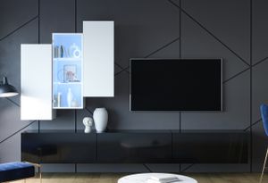 Wohnzimmer - Set Wohnwand Medienwans ONIVIO 2 weiß / schwarz Hochglanz 6tlg mit Hängende Schränke und TV Lowboard