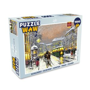 MuchoWow® Puzzle 1000 Teile Gemälde - Ölgemälde - Winter - Straßenbahn - Pferd - Erwachsene - Rätsel