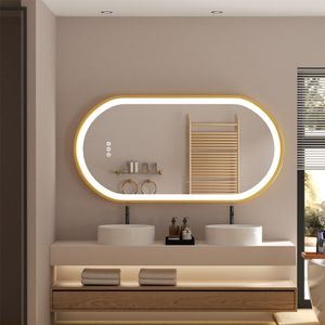 WISFOR LED Badspiegel mit goldenem Aluminiumrahmen 60 x 120 cm, Wandspiegel mit Touch Schalter, Anti-Fog dimmbar für Badezimmer Schlafzimmer Make-Up,