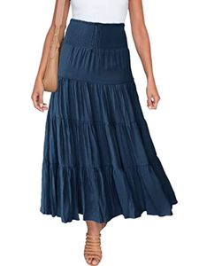 Damen hohe Taille Midi Rock Sommer Rüschenröcke lässig Swing,Farbe:Navy blau,Größe:M