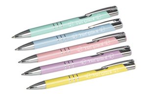 5 Kugelschreiber mit Gravur "Viel Glück" / aus Metall / 5 Pastell-Farben