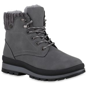 VAN HILL Damen Warm Gefütterte Worker Boots Profil-Sohle Bequeme Schuhe 840852, Farbe: Dunkelgrau, Größe: 39