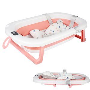 Faltbare Babybadewanne mit rutschfestem Badekissen,Badewanne XXL mit Thermometer,Kinderbadewanne mit Abflussloch für 0-24 Monate (Rosa)