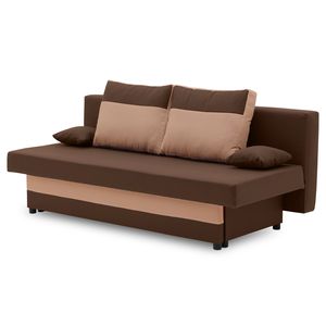 Couch SONY 190x90 mit Schlaffunktion - Farben zur Auswahl - kleines Sofa. Schlafsofa mit Bettkästen und dekorative Kissen - STOFF HAITI 5 + HAITI 3 - Braun&Cappucino