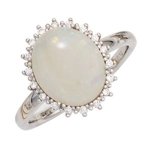 JOBO Damen Ring 585 Gold Weißgold 1 Opal  18 Diamanten Brillanten 0,10ct. Goldring Größe 58