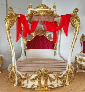 Casa Padrino Barock Doppelbett Weiß / Gold / Bordeauxrot - Prunkvolles Massivholz Bett - Schlafzimmer Möbel im Barockstil - Barock Schlafzimmer Möbel - Edel & Prunkvoll