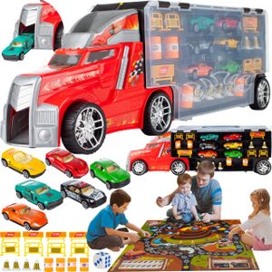 MalPlay Transporter Spielzeug | Transport-LKW Autotransporter mit 6 Stück Buntes Mini Autos und Helikopter | ab 3 Jahren | Geschenk für Kinder