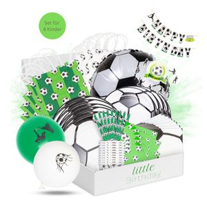 LITTLE BIRTHDAY Fußball Mottobox Kindergeburtstag Deko für 8 Kinder, Party Set, inkl. Einladungskarten, Tischdeko, Raumdeko, Kuchendeko, Tütchen
