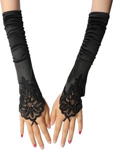 Schwarze Handschuhe Lange Handschuhe 1920er Jahre Zubehör Flapper Kostüm Fingerlose Handschuhe für Frauen Roaring 20's Accessoires Klassische Satin Ellbogen Länge Handschuhe (S12)