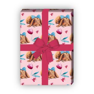 Niedliches Oster Geschenkpapier mit Osterhasen mit Schleife, Blumen, rosa - G8081, 32 x 48cm