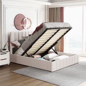 Merax čalúnená posteľ 140x200 cm s výškovo nastaviteľným čelom, hydraulická skriňová pružina s podnožou, zamatová manželská posteľ pre mladých funkčná posteľ, biela