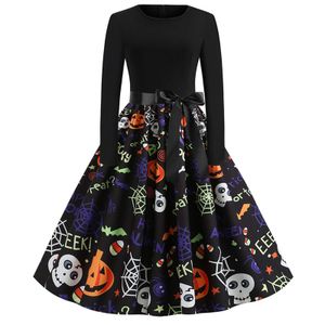 Damen Langarm Slim Kleid Halloween Print Rundhalskleid,Farbe: Schwarz,Größe:L
