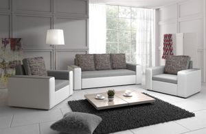 Sofa Set LEEDS 3-1-1 Sofagarnitur Kunstleder-Webstoff Weiss / Hellgrau