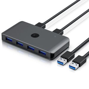 Primewire USB 3.2 Gen1 KVM Switch Umschalter - 4 Port Eingang – 2 Port Ausgang für 2 PCs - 5 Gbit/s – inkl. 2x USB Kabel – für Drucker Scanner Festplatten Tastatur Maus Headset etc. - Aluminiumgehäuse