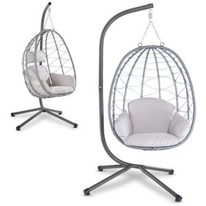 Juskys Hängesessel Aria mit Kissen - höhenverstellbar & faltbar - Polyrattan Hängeschaukel Outdoor & Indoor - Korbhängesessel Silber bis 130kg