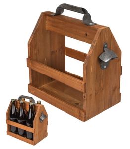 Party Holz Bierträger für 6 x 0,5 l Sixpack mit Metall Flaschenöffner Vintage Flaschenträger