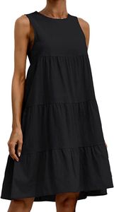 ASKSA Damen Kleider Round Neck Sommerkleid Dress Loose Sleeveless Patchwork Knielang Dresses, Schwarz, XL