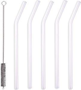 Schramm® 5 Stück Glas Strohhalme gebogen transparent mit Reinigungsbürste wiederverwendbar Trinkhalme Glasstrohhalm