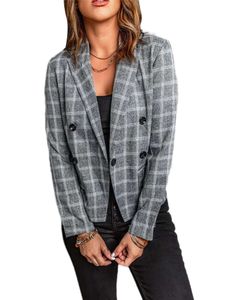 Damen Blazer Kurz Cardigan Casual Outwear Plaid Cardigan Jacke Knopf Oberbekleidung Farbe:Grau,Größe XXL