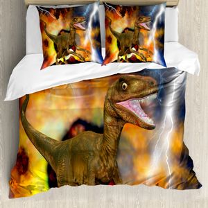 ABAKUHAUS Dinosaurier Bettbezugs Set Für Doppelbetten, Tier Themen Design, Milbensicher Allergiker geeignet mit Kissenbezügen, Mehrfarbig