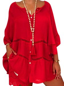 Damen Blusen Langarmshirts Button Down Tunika Oberteile Causal Einfarbig Elegant Hemd Rot,Größe L