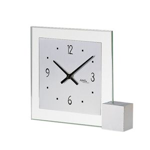 AMS 102 Stolní hodiny quartzové analogové stříbrné moderní hranaté se sklem a hliníkem