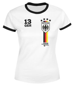 Moonworks® Damen Fan-Shirt Fußball Retro Deutschland Germany Weltmeisterschaft Fan-Trikot Style 2018 WM weiß-schwarz M