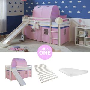 Homestyle4u 2560, Hochbett 90x200 mit Rutsche Matratze Lattenrost Vorhang Tunnel rosa Kinderbett Weiß Holz Kiefer Massiv Spielbett Jugendbett