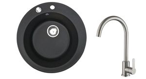 Rund Granitspüle Küchenspüle schwarz Ø49 Einbauspüle mit Inox Armatur u. Zubehör