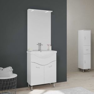 Bodenstehender Badezimmerschrank 65cm 2 Türen, Spiegel mit polierten weißen LED | Easy