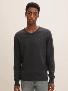 TOM TAILOR Herren Pullover Sweatshirt Rippblenden Logo V Neck Black Grey Melange S