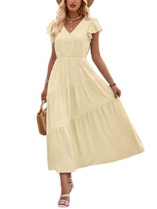 Damen Sommerkleider V-Ausschnitt Kleid Casual High Waisted A-Line Kleider Strandkleid Aprikose,Größe S