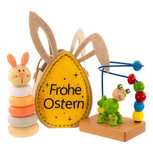 Osterhase Pastell Gelb Ostergeschenk mit Tasche und Motorikschleifer 3 Teilig Kinderspielzeug ab 1 Jahr   smal foot