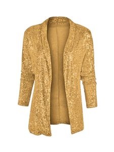 Damen Blazer Pailletten Sakko Glänzend Mantel Party Offen Cardigan Revers Langarm Jacke Gold,Größe XL