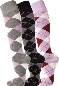 TippTexx 24 3 Paar Reiter Kniestrümpfe, Reitstrümpfe im Karo Muster, Flieder/Anthrazit/Weinrot, Größe 39-42