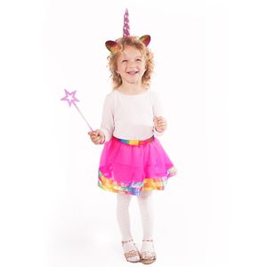 Regenbogen Einhorn Kostüm mit Röckchen, Zauberstab und Haarreifen mit Horn - für Kinder von 3 - 6 Jahren geeignet