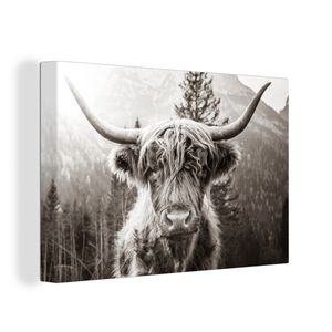 OneMillionCanvasses® - Leinwandbilder - 120x80 cm, Schottisches Hochlandrind - Kuh - Tiere - Schwarz - Weiß, Wandbilder Kunstdruck Wanddekoration - Foto auf Leinwand - Gemälde auf - Wanddekorationen - Wohnzimmer