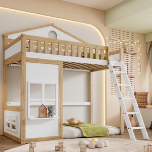MODFU Hochbett Kinderbett 90x200cm mit Fallschutz und Gitter, Etagenbett Massivholzbett mit Dach und Fenster, Jugendbett Bettgestell, Weiß+Natur MODFU Hochbett Kinderbett 90x200cm mit Fallschutz und Gitter, Etagenbett Massivholzbett mit Dach und Fenster, Jugendbett Bettgestell, Weiß+Natur