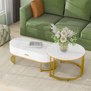 Merax 2er Set Couchtisch aus Holz mit Schublade und goldenem Stahlrahmen, Satztisch in Marmoroptik, Wohnzimmertisch 2er Set, Industrial, Weiß/Gold