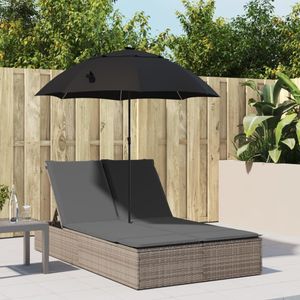 Doppel-Sonnenliege mit Kissen & Sonnenschirm Grau Poly Rattan - Gartenliegen 368083