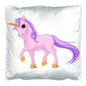 Wallario Premium Kissen, weiche Oberfläche, mit Motiv Einhorn in rosa mit Schweif in lila, Größe: 30 x 30 cm, mit weißer Rückseite