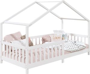 Hausbett LISAN aus massiver Kiefer in weiß, schönes Montessori Bett in 90 x 200 cm, stabiles Indianerbett mit Rausfallschutz und Dach Hausbett LISAN aus massiver Kiefer in weiß, schönes Montessori Bett in 90 x 200 cm, stabiles Indianerbett mit Rausfallschutz und Dach