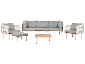 BELIANI Gartenlounge Set 5-Sitzer Weiß / Hellbraun mit Auflage Grau aus Metall Kunstholz Papierseil Geflecht Sofa 2 Sesseln Tisch Hocker Outdoor