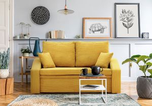 Sofa DORMA 148x86 - mit schlaffunktion - Farben zur Auswahl - komfortables Sofa - mit Bettkasten - Stoff POSO 043 Honigfarbe