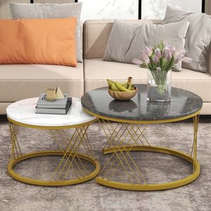 MODFU Couchtisch 2er Set Beistelltisch mit Ablagen und Metallrahmen，runder Nesting-Design，Grau Desktop und Weiß Desktop