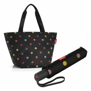 reisenthel shopper M mit umbrella pocket duomatic Set, Einkaufstasche, Regenschirm, Dots, 15 L, 2-tlg.
