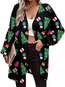 Damen Snowman Print Weihnachten Strickjacken Outdoor Langarm Outwear Leichtes offenes Front, Farbe:Weihnachtsbaum, Größe:L