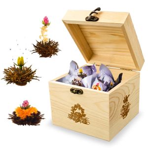 Creano Teekiste aus Holz mit 6 Teeblumen Erblühtee - 3 verschiedene Sorten Schwarzer Tee