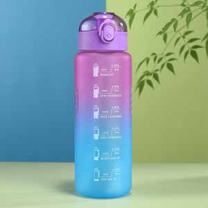 winterbeauy Trinkflasche, 1L BPA-Frei Wasserflasche mit Strohhalm,Trinkflasche Sport Auslaufsicher mit Zeitmarkierung, Sportflasche(lila Flaschenverschluss)